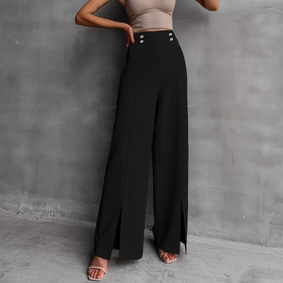 Classic Black Wide Leg Slit Hem Pants Minimalist - Picture 2 of 8